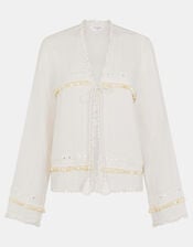 Mirror Embellished Long Sleeve Tie Top, Ivory (IVORY), large