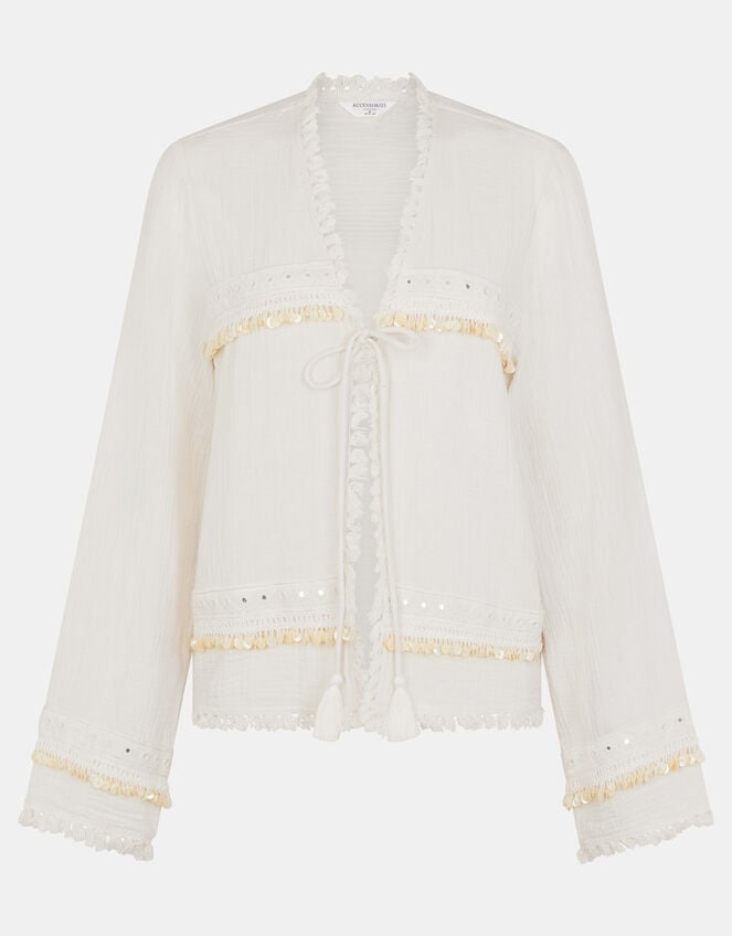 Mirror Embellished Long Sleeve Tie Top, Ivory (IVORY), large