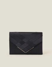 Woven Satin Envelope Clutch Bag, Blue (NAVY), large