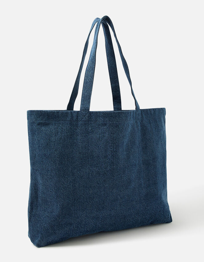 Denim Heart Embroidered Shopper Bag, , large