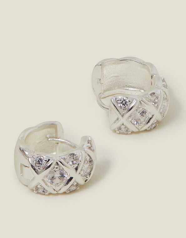 Sterling Silver-Plated Diamanté Check Hoop Earrings, , large