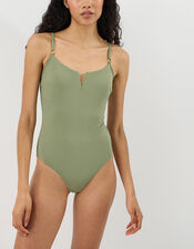 V Front Rib Shaping Swimsuit, Green (KHAKI), large