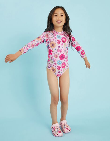 Girl Retro Bloom Long Sleeve Swimsuit, Multi (BRIGHTS MULTI), large