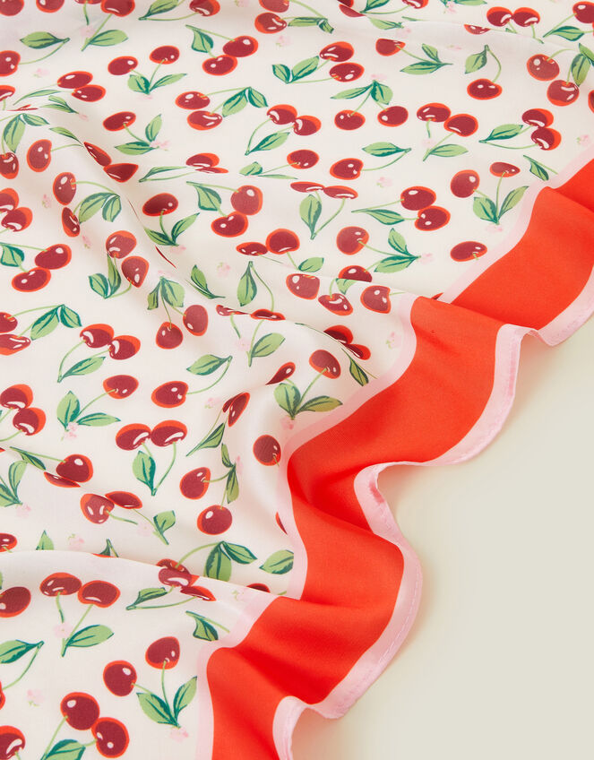 Square Cherry Print Satin Scarf, , large