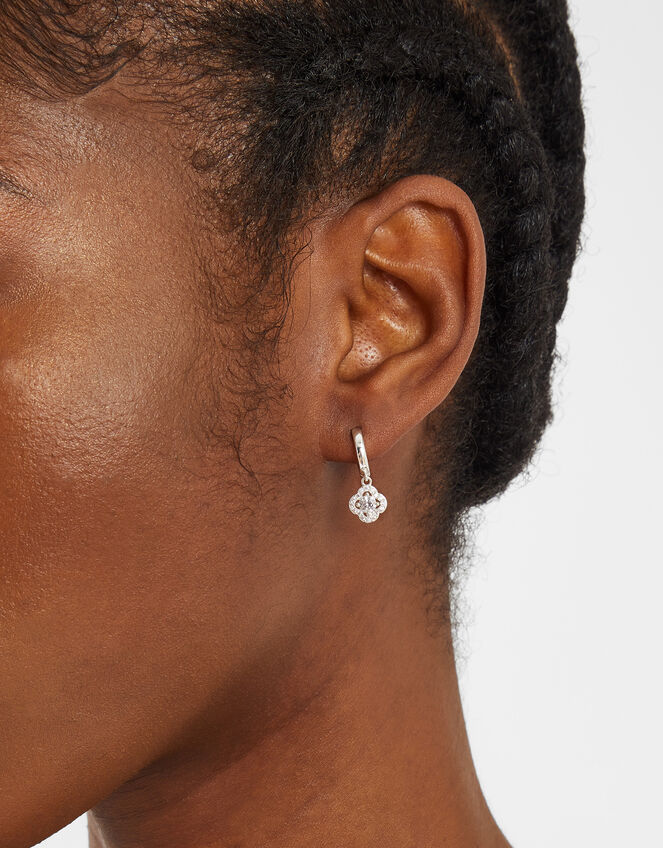 Sterling Silver-Plated Clover Drop Hoop Earrings, , large