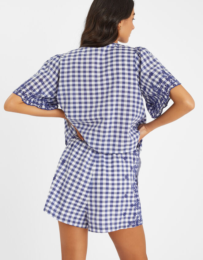 Gingham Embroidered Shorts, Blue (BLUE), large
