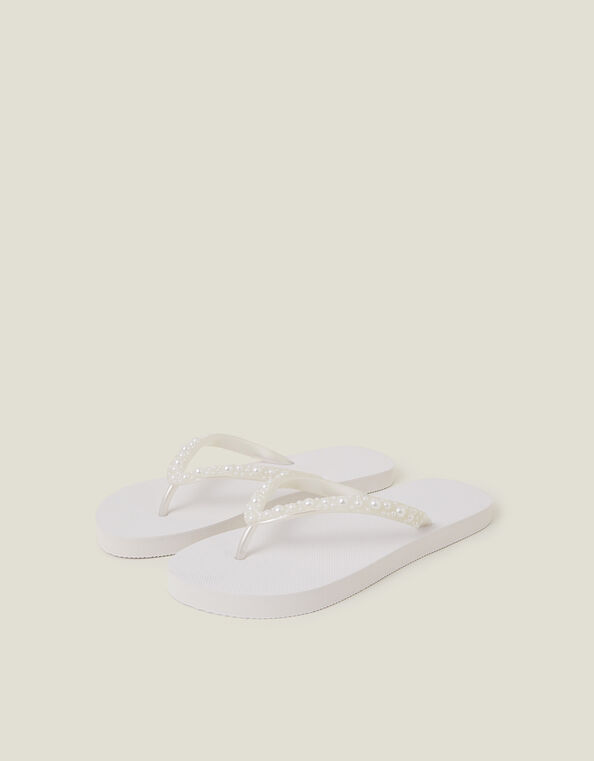Pearl Embellished Flip Flops, White (WHITE), large