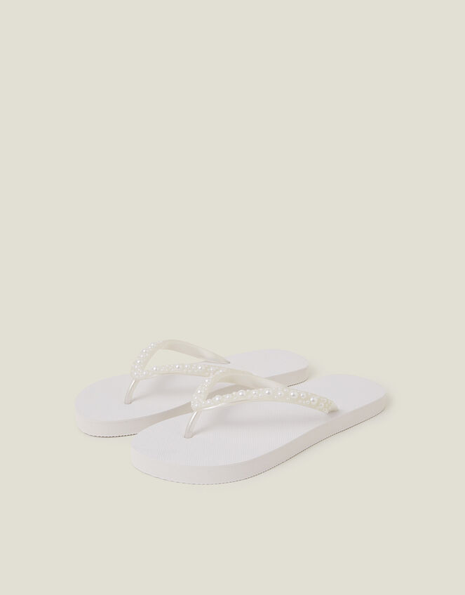 Pearl Embellished Flip Flops, White (WHITE), large