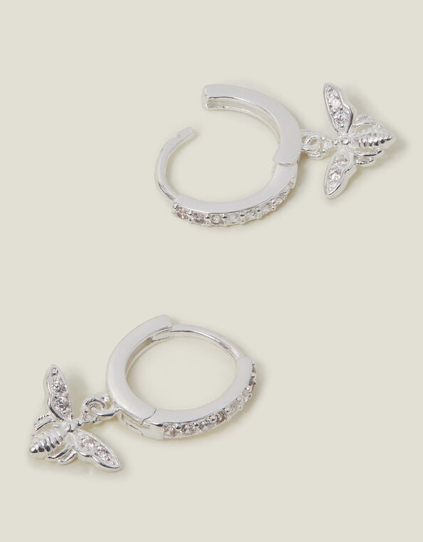 Sterling Silver-Plated Bee Drop Huggie Hoop Earrings, , large