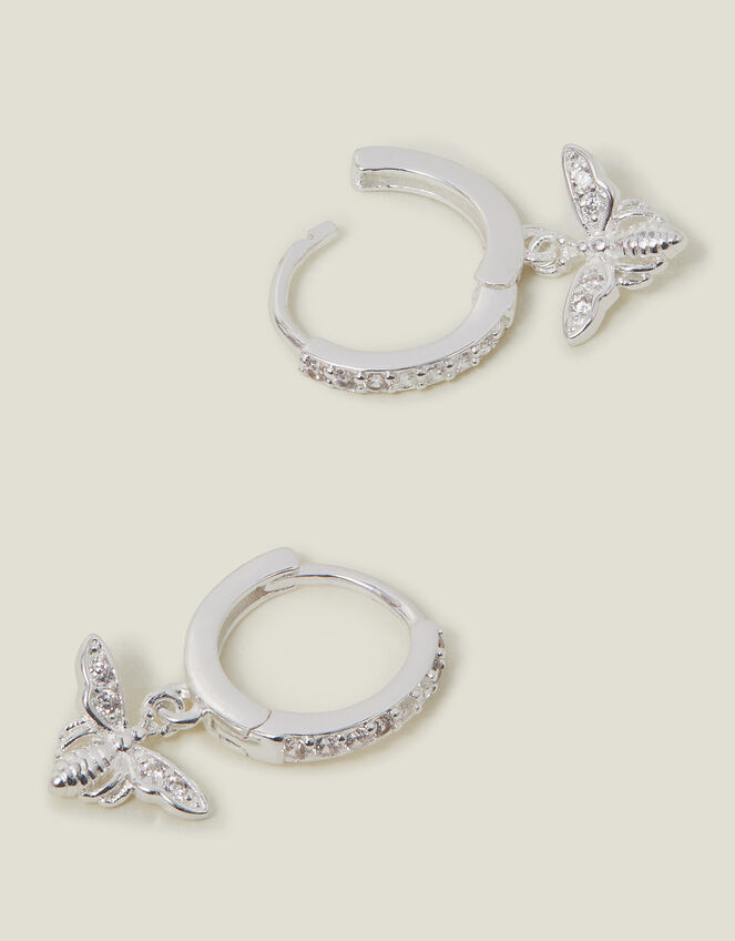 Sterling Silver-Plated Bee Drop Huggie Hoop Earrings, , large