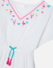 Girls Flamingo Embroidered Kaftan, White (WHITE), large