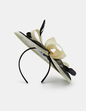 Woven Bow Feather Disc Fascinator, Black (BLACK WHITE), large