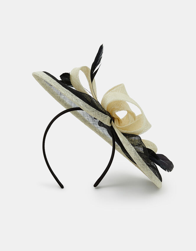 Woven Bow Feather Disc Fascinator, Black (BLACK WHITE), large