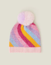 Girls Stripe Fluffy Pom Beanie Hat, Multi (BRIGHTS MULTI), large