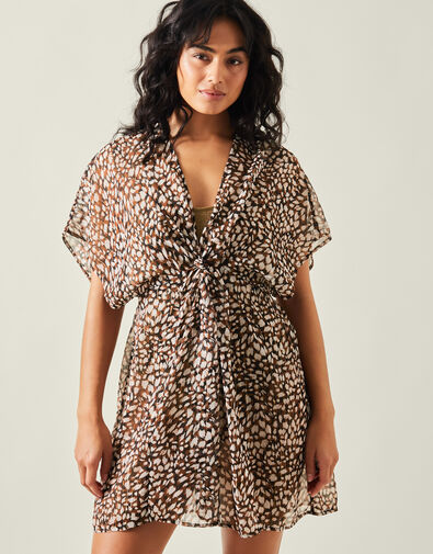 Animal Print Chiffon Kaftan, Brown (BROWN), large