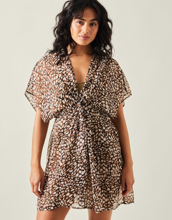 Animal Print Chiffon Kaftan, Brown (BROWN), large