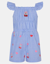Girls Embroidered Cherry Heart Playsuit, Blue (BLUE), large