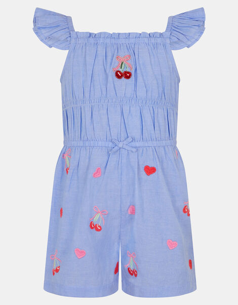 Girls Embroidered Cherry Heart Playsuit, Blue (BLUE), large