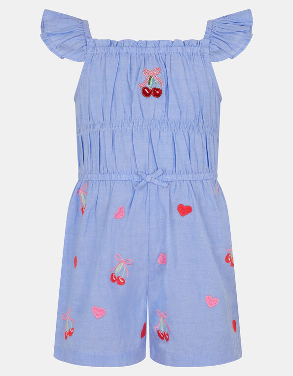 Girls Embroidered Cherry Heart Playsuit, Blue (BLUE), large