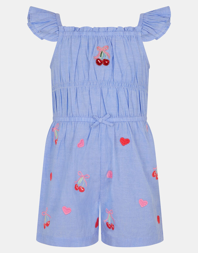 Girls Embroidered Cherry Heart Playsuit, Blue (BLUE), large