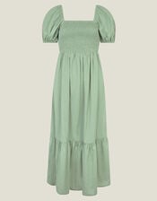 Puff Sleeve Smocked Midi Dress, Green (KHAKI), large
