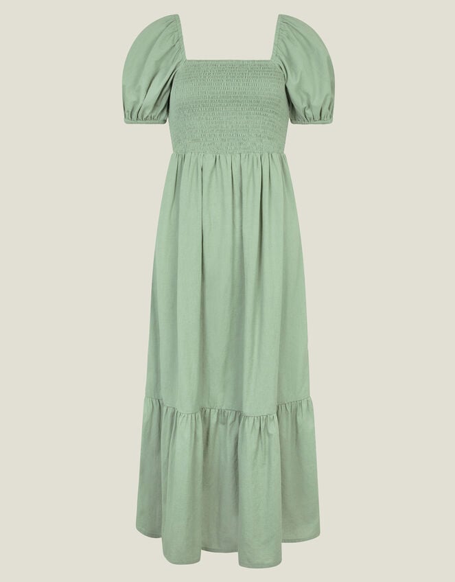 Puff Sleeve Smocked Midi Dress, Green (KHAKI), large