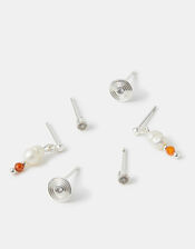 3-Pack Sterling Silver-Plated Stud & Pearl Drop Earrings, , large