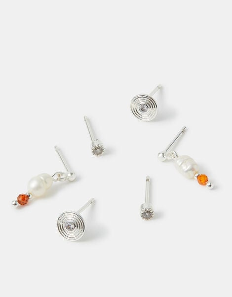3-Pack Sterling Silver-Plated Stud & Pearl Drop Earrings, , large