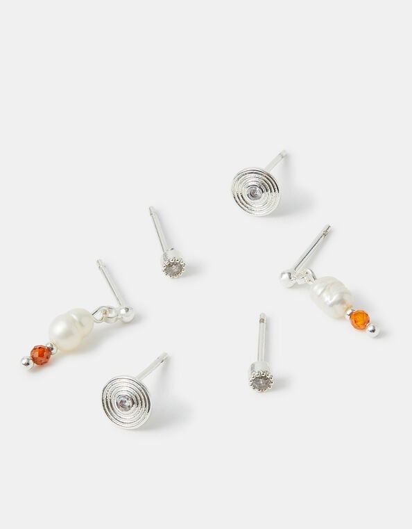 3-Pack Sterling Silver-Plated Stud & Pearl Drop Earrings, , large