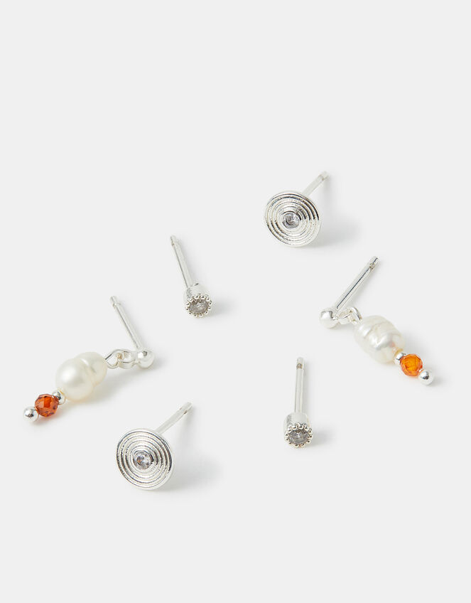 3-Pack Sterling Silver-Plated Stud & Pearl Drop Earrings, , large