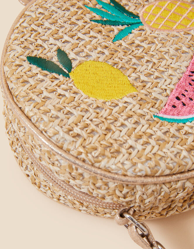 Girls Fruit Embroidered Straw Round Bag, , large