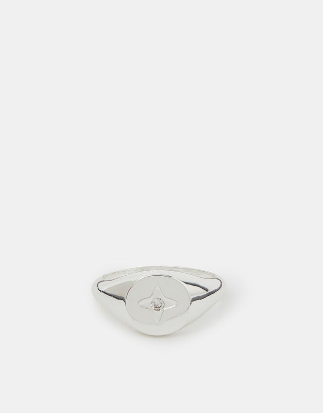 Sterling Silver-Plated Star Diamanté Signet Ring, Silver (ST SILVER), large