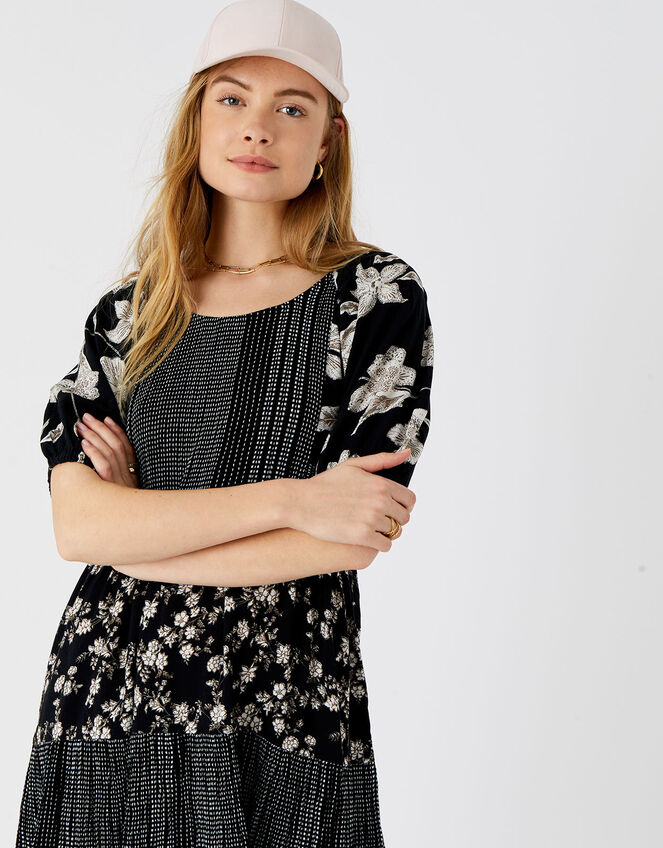 Monochrome Floral Puff Sleeve Mini Dress, Black (BLACK WHITE), large