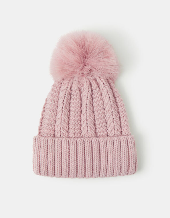Faux Fur Pom Beanie Hat, Pink (PINK), large