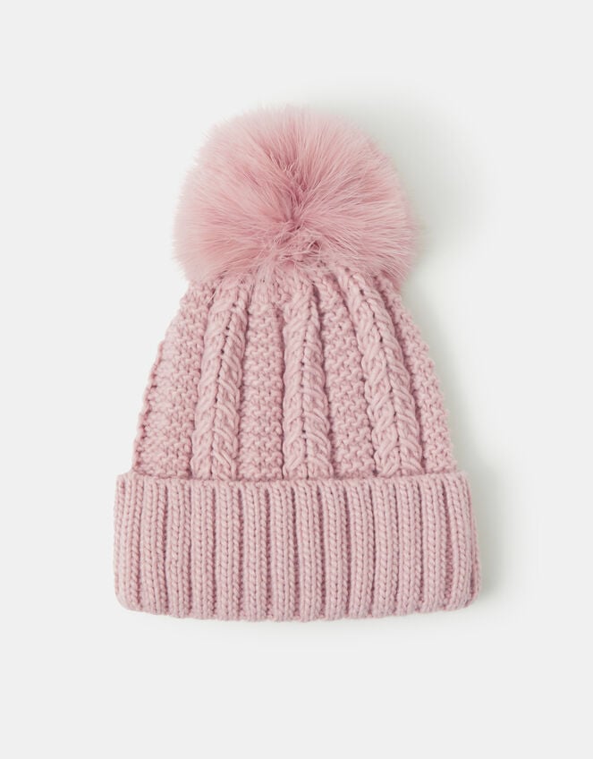 Faux Fur Pom Beanie Hat, Pink (PINK), large