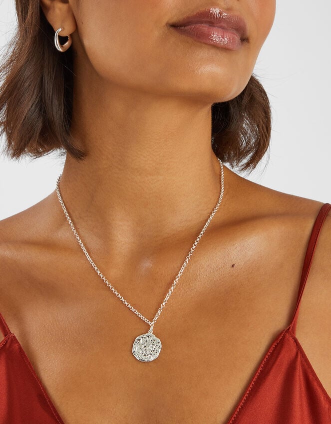 Sterling Silver-Plated Hammered Disc Pendant Necklace, , large