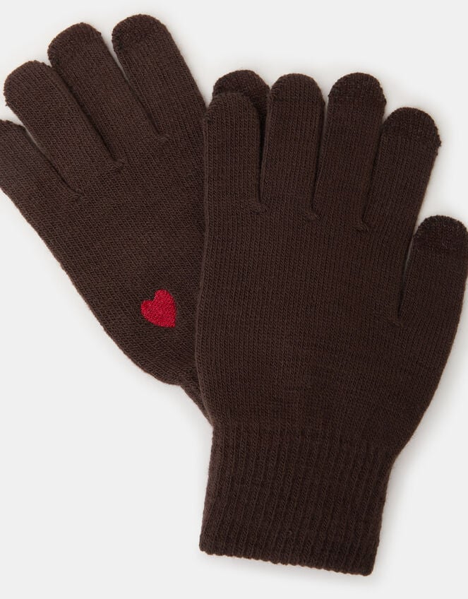 Heart Embroidered Touchscreen Gloves, Brown (CHOCOLATE), large