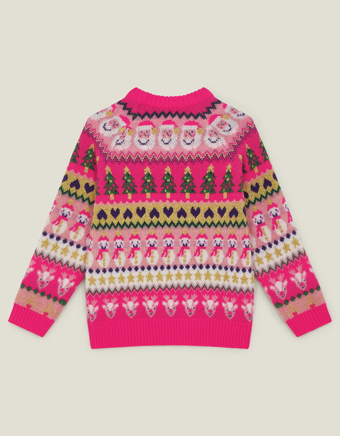 Girls Fair Isle Christmas Jumper, Pink (PINK), large