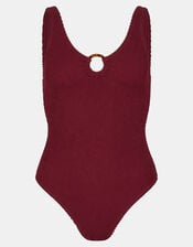 Ring Detail Crinkle Textured Swimsuit, Red (BURGUNDY), large