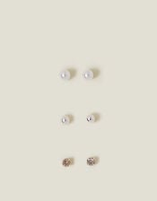 3-Pack Sterling Silver-Plated Pearl Mix Stud Earrings, , large