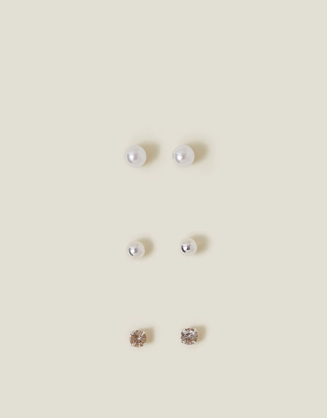3-Pack Sterling Silver-Plated Pearl Mix Stud Earrings, , large