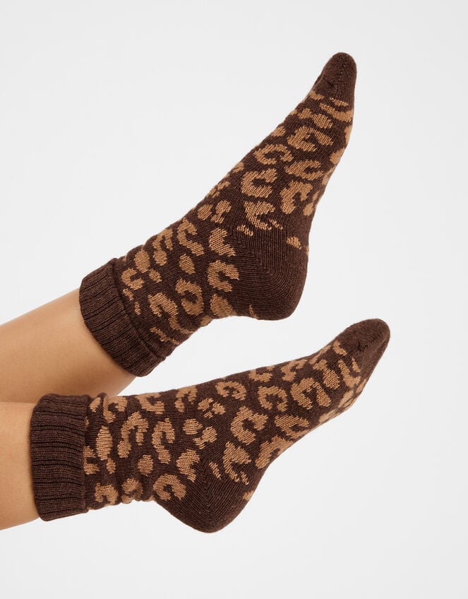 Leopard Print Knit Socks, , large
