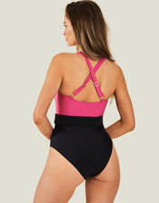Colour Block Belt Swimsuit, Pink (PINK), large