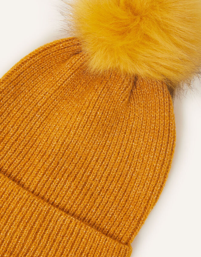 Knit Pom-Pom Beanie with Recycled Fabric, Yellow (OCHRE), large
