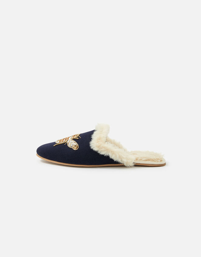 Bee Faux Fur Slippers, Blue (NAVY), large