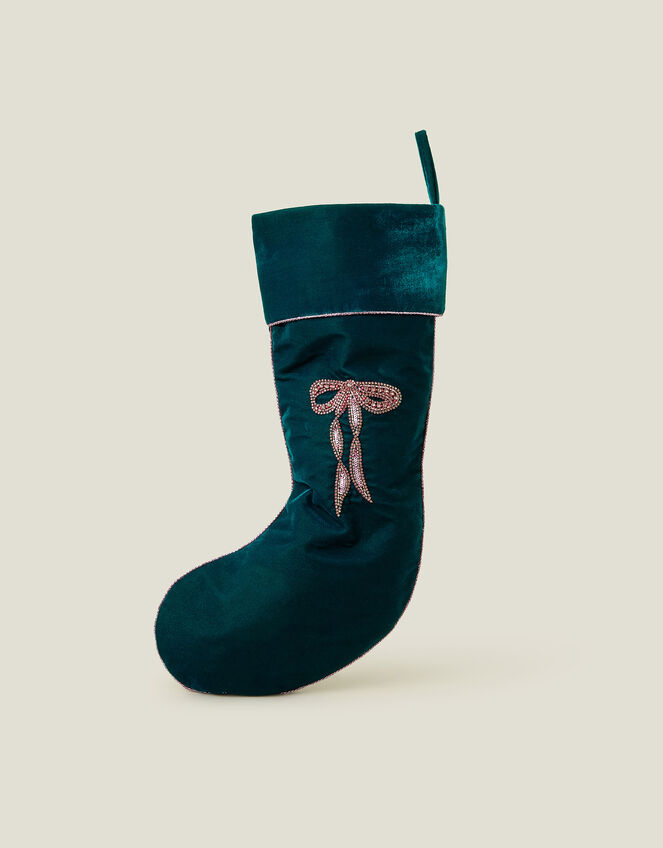 Embellished Bow Velvet Christmas Stocking, , large