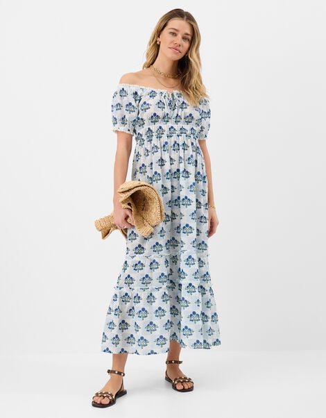 Off The Shoulder Floral Midi Dress, Ivory (IVORY), large