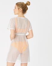 Shimmer Lace Tabbard Dress, White (WHITE), large
