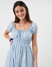 Polka Dot Puff Sleeve Midi Dress, Blue (BLUE), large