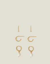 3-Pack 14ct Gold-Plated Pearl and Stud Hoop Earrings, , large
